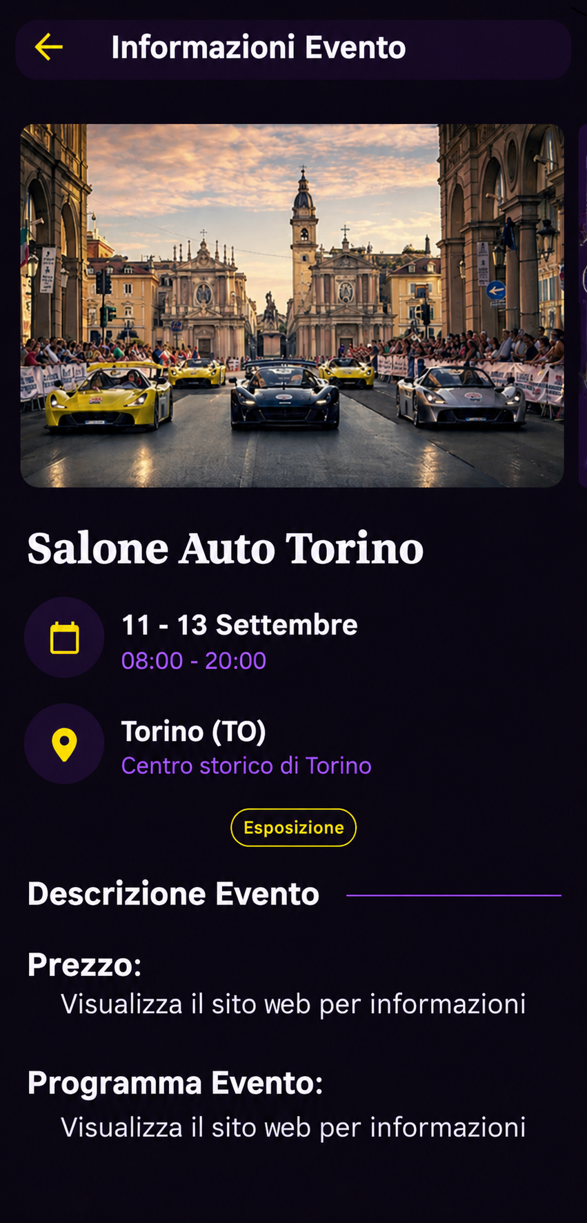 Schermata di RevZone con i dettagli del Salone Auto Torino