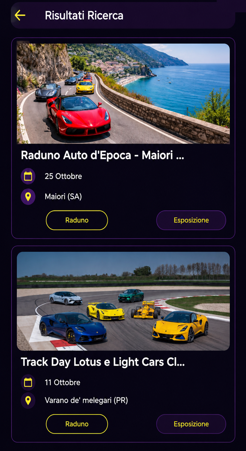 Schermata di RevZone con la scheda di un raduno di auto d'epoca