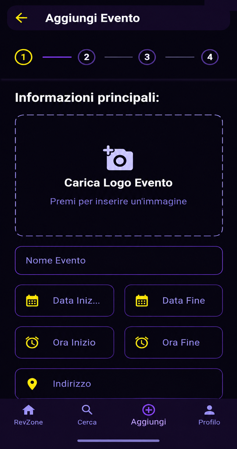Schermata di RevZone per pubblicare un nuovo evento